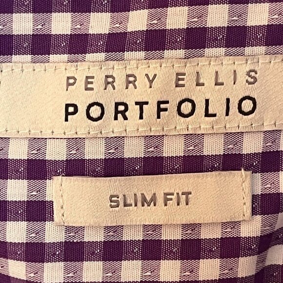 Perry Ellis Long Sleeved Button Down Purple Gingham Cotton Men's Shirt Size Med - Picture 5 of 6